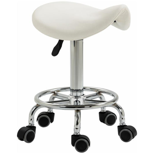 White saddle rolling stool with padded seat, chrome base, and caster wheels