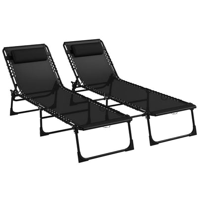 Set of 2 folding black chaise lounge chairs with reclining backrests and black mesh seats