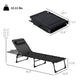 Black folding chaise lounge chair with measurements, padded headrest, and 4-level adjustable back