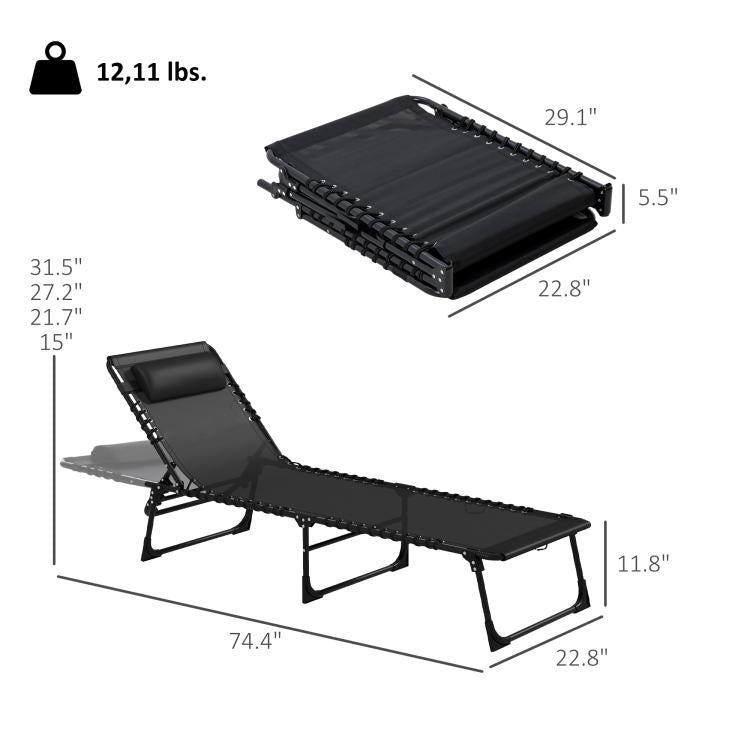 Black folding chaise lounge chair with measurements, padded headrest, and 4-level adjustable back
