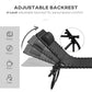 Black chaise lounge chair showing adjustable recline backrest and folding base frame