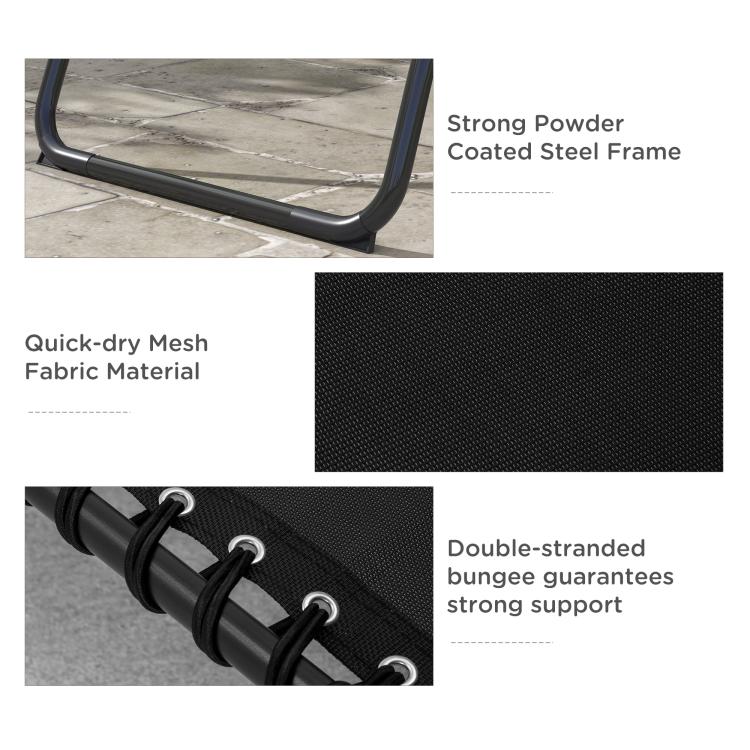 Black quick-dry mesh chaise lounge with strong powder-coated steel frame and bungee cords