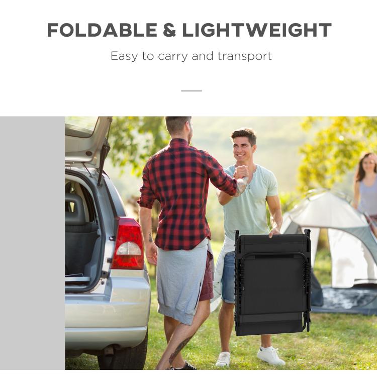 Folding black chaise lounge chairs stacked for transport with compact carry-friendly design
