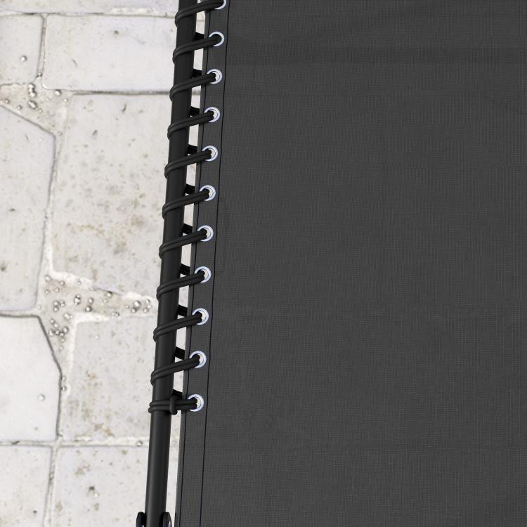 Close-up of black bungee seat cords along a folding chaise lounge frame