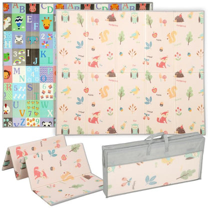 Foldable double-sided baby play mat, cream animal alphabet pattern with colorful accents