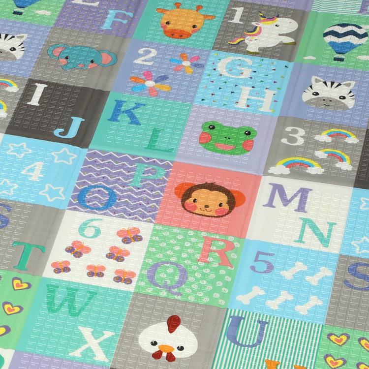 Reversible foldable baby play mat with letters, numbers, and animal illustrations