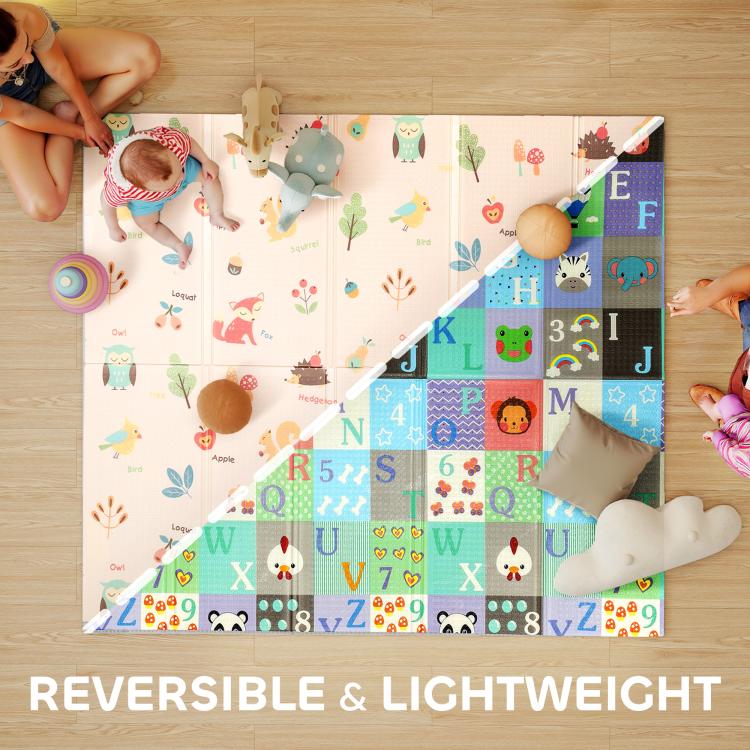 Reversible baby play mat, woodland and alphabet sides shown with fold lines and play area