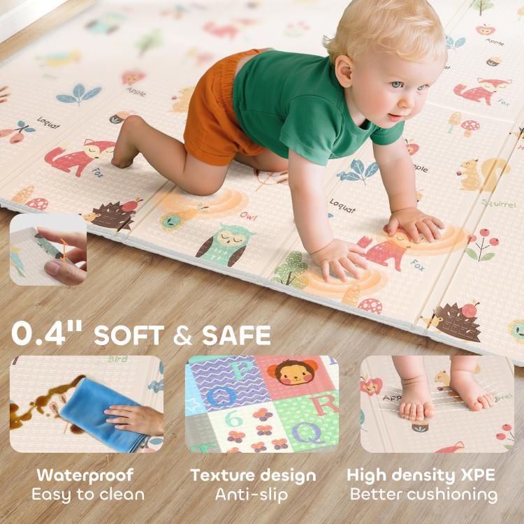 Baby play mat with toddler playing, waterproof fabric surface and anti-slip textured feel