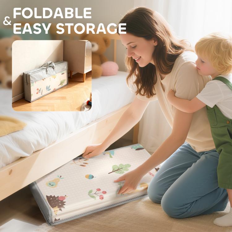 Foldable baby play mat being stored, compact folded mat in a box