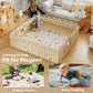 Baby play mat inside playpen, woodland animal alphabet print on soft mat surface