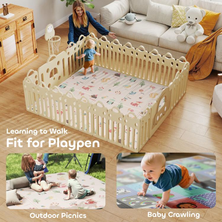 Baby play mat inside playpen, woodland animal alphabet print on soft mat surface