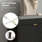 Upholstered shoe bench with gray padded top, dark base, anti-tip hardware on side.