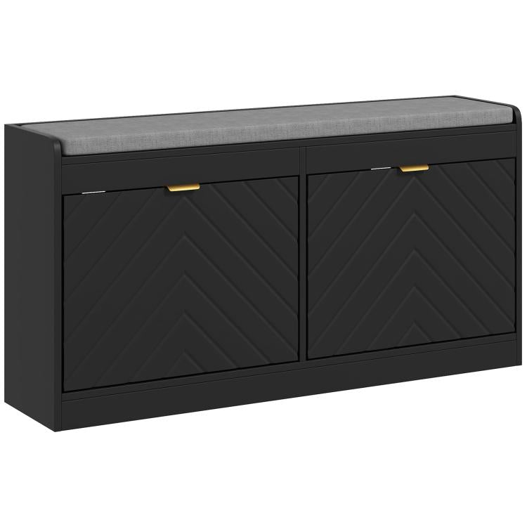 Upholstered entry bench with gray padded seat, dark base, two flip drawers for shoes.