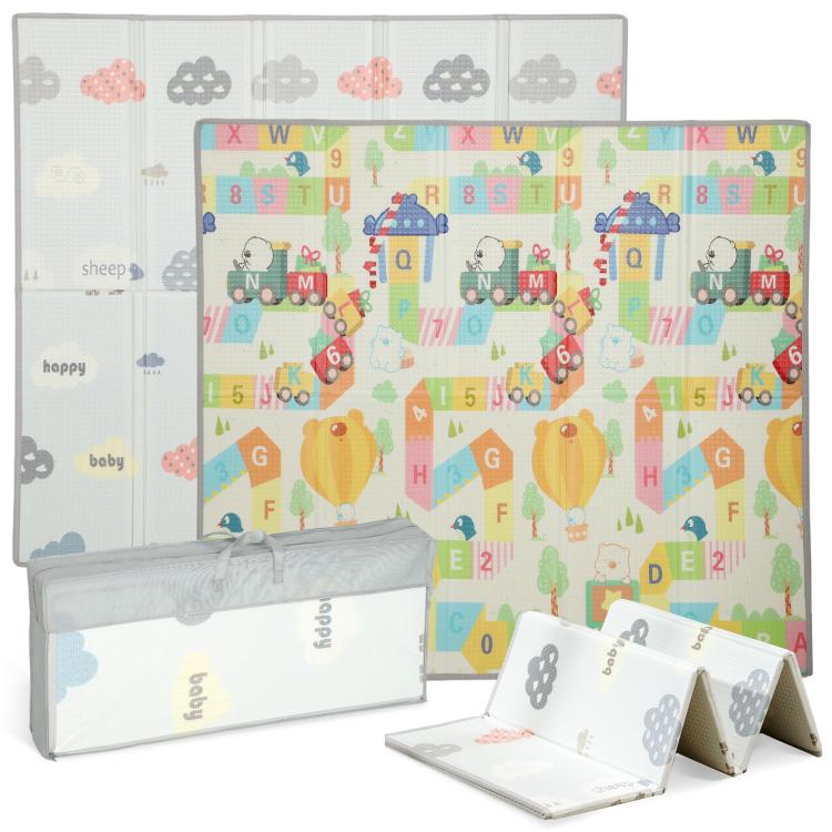 Reversible baby play mat with alphabet, cloud and animal pattern, gray border