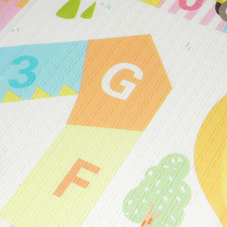 Foldable baby play mat with pastel cloud and alphabet pattern, foam interlocking surface