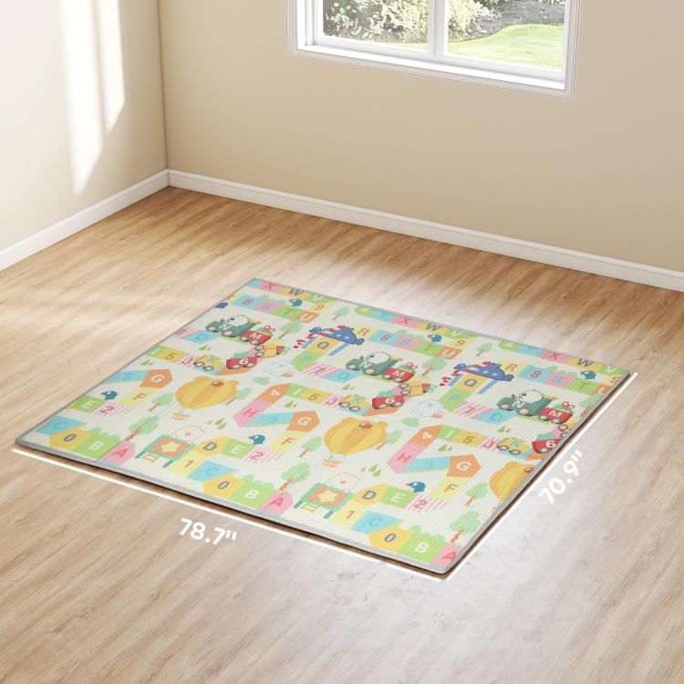 Rectangular reversible alphabet and animal play mat with size markings on edges