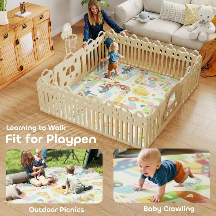Alphabet and animal play mat used inside a white baby playpen