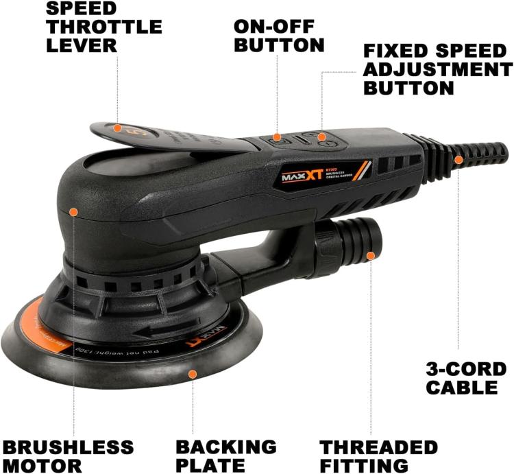 Corded orbital sander with side control buttons and extended power cord