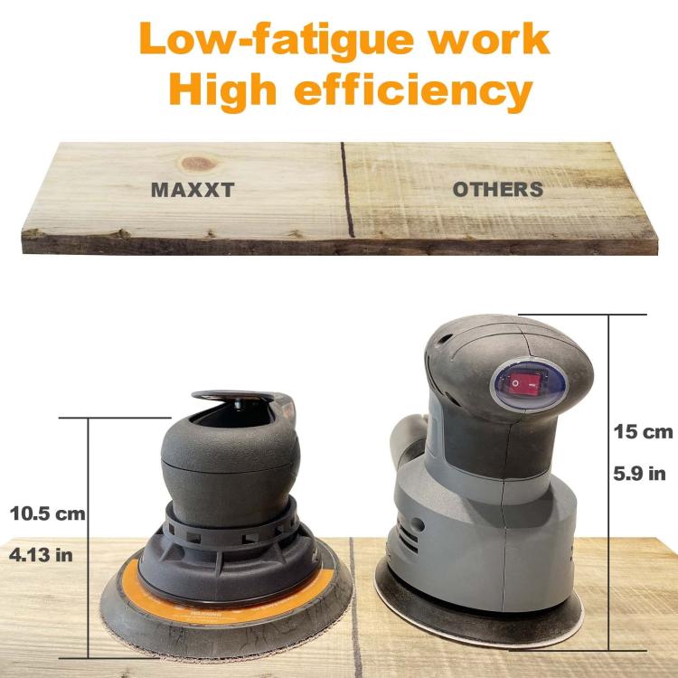 Random orbital sander with sanding base resting on a wood workpiece
