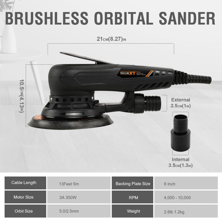 Brushless orbital sander with dust port adapters and extended body