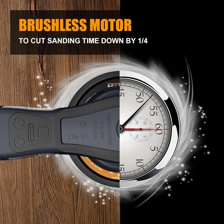 Brushless orbital sander with speed dial and sanding base for wood