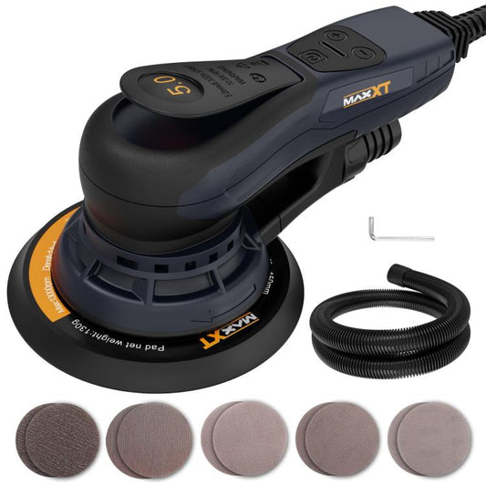 Corded random orbital sander with sanding pad, handle, and vacuum hose attachment