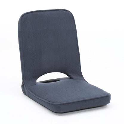 Grey foldable floor chair with padded backrest and cushioned seat, corduroy cover