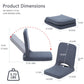 Grey foldable floor chair with upright padded backrest and thick cushioned seat