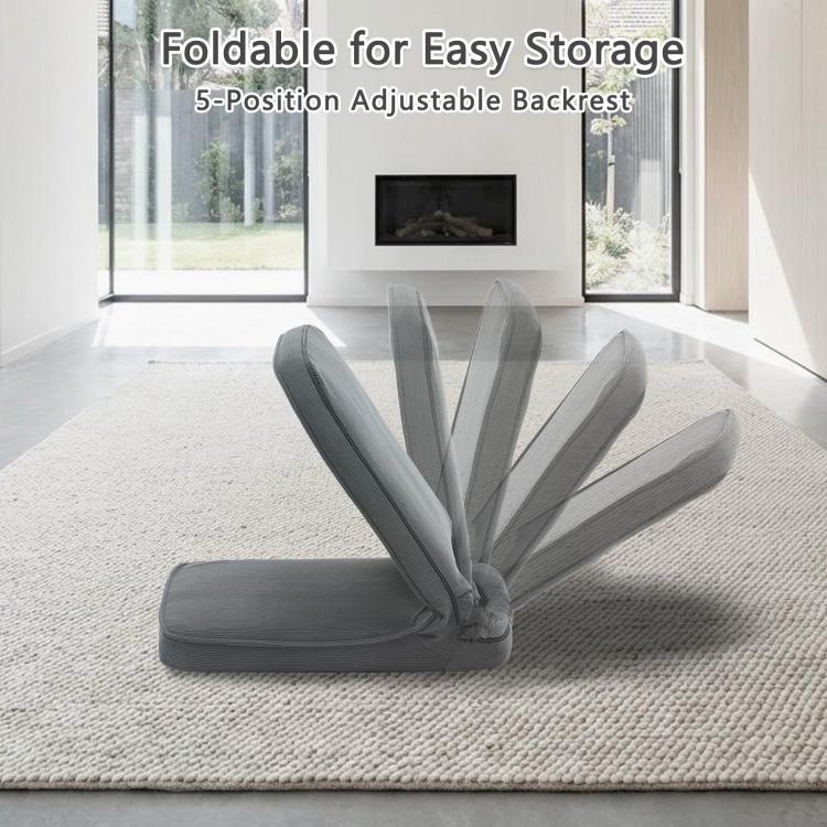 Grey foldable floor chair with five-position adjustable backrest and padded seat