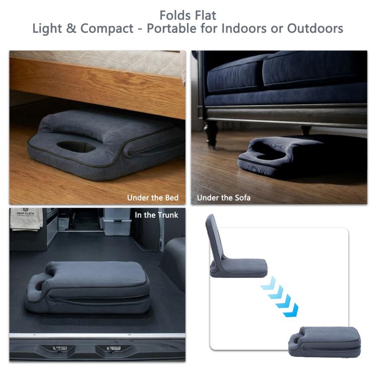 Grey floor chair that folds flat for storage, padded seat and back