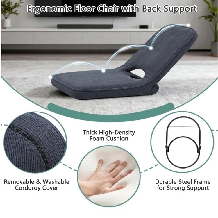 Grey cushioned floor chair with corduroy cover and thick high-density padding