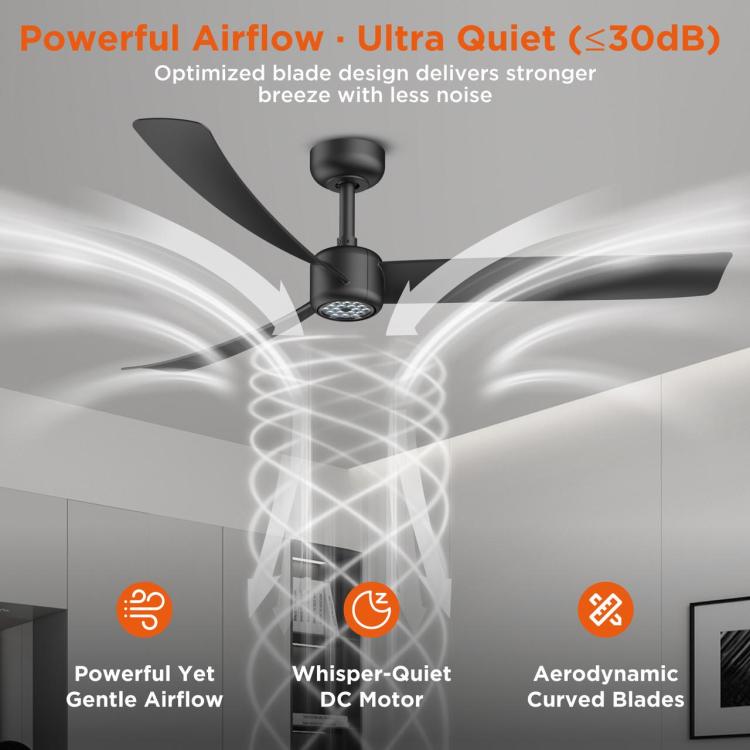 Ceiling fan with LED light, three curved blades, and airflow shown around the hub