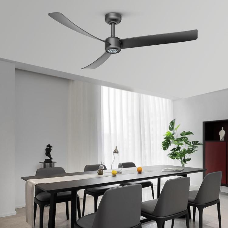 Modern ceiling fan with LED light and three dark blades above a dining table