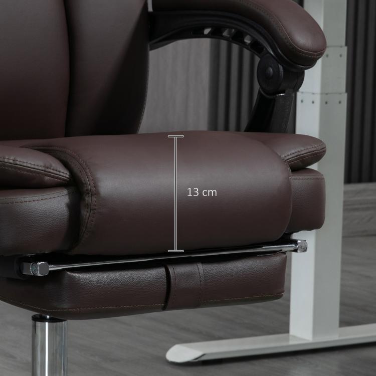 Brown PU leather reclining office chair with thick armrests and metal base