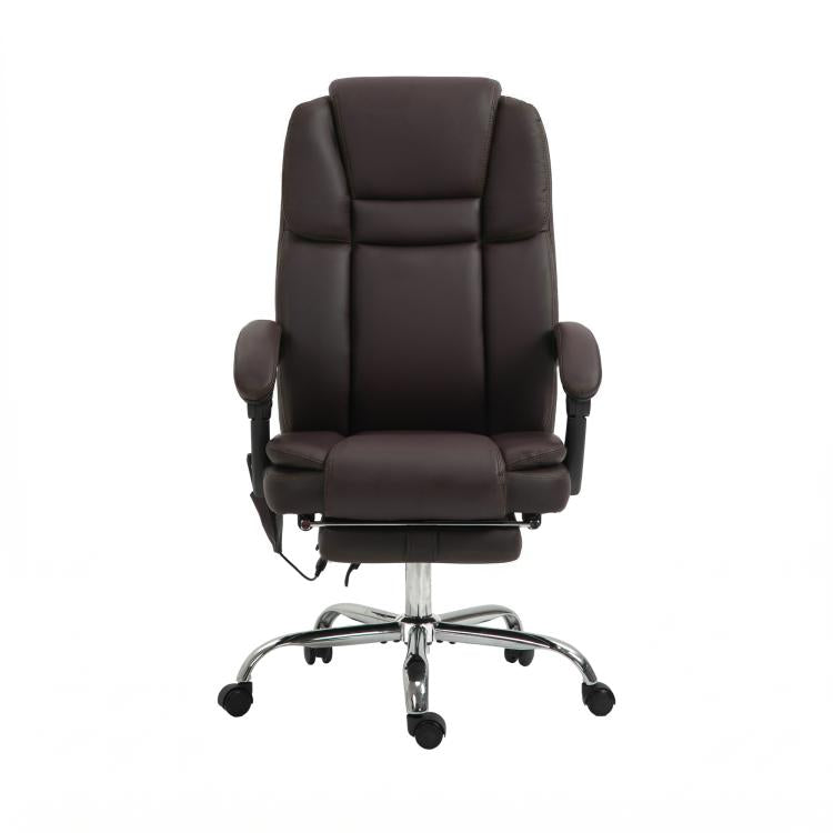 Dark brown PU leather office swivel chair with padded headrest, armrests, and caster wheels