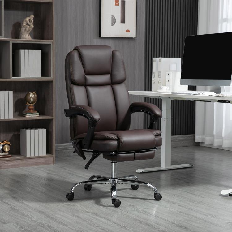 Brown PU leather executive office chair with reclining back and foot support