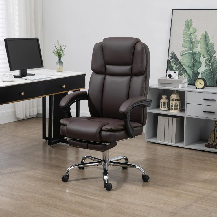 Brown PU leather office chair with padded headrest, recline, and footrest
