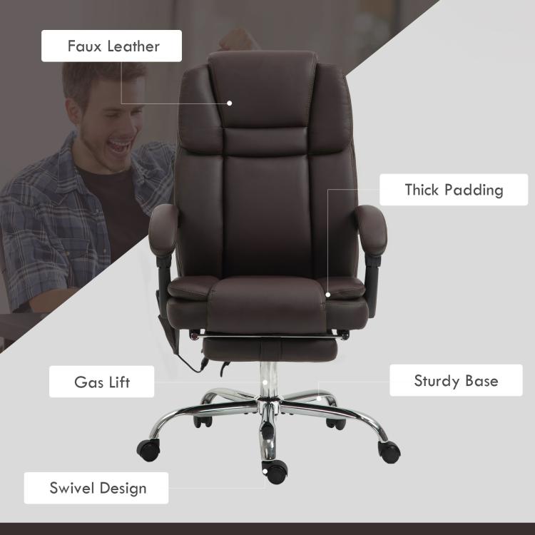Brown faux leather office chair with thick padding, gas lift, and swivel base