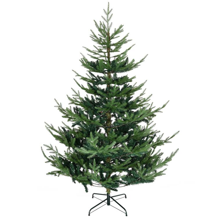 Artificial Christmas pine tree, full green branches with a wide metal tripod base