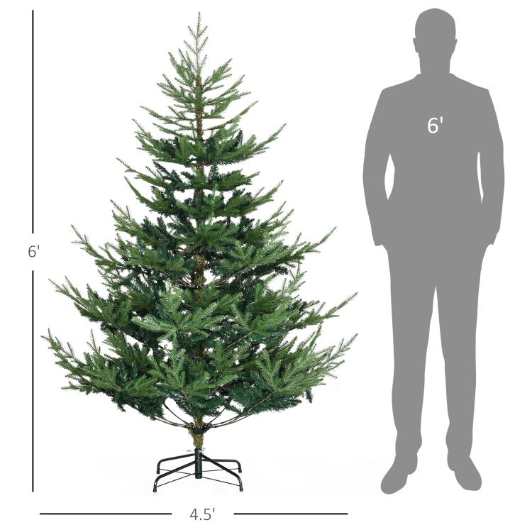 6-foot green artificial Christmas pine tree with black metal tripod base and height scale