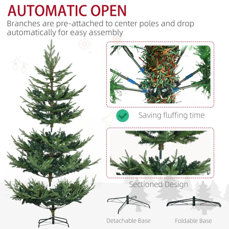 Green artificial Christmas pine tree with auto-open look on a black metal stand