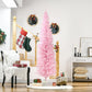 Pink pencil artificial Christmas tree on a round white base stand, unlit
