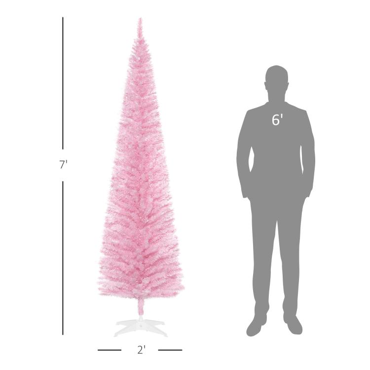 Pink pencil artificial Christmas tree size scale with unlit branches and white base