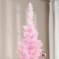 Pink pencil artificial Christmas tree with realistic branches, unlit, with ornament detail