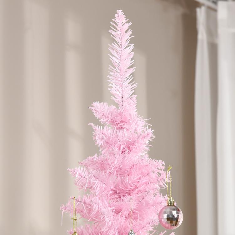 Pink pencil artificial Christmas tree with realistic branches, unlit, with ornament detail