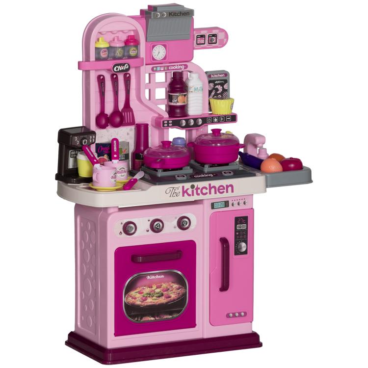 Kids pink play kitchen set with stove, oven door, countertop accessories and cookware