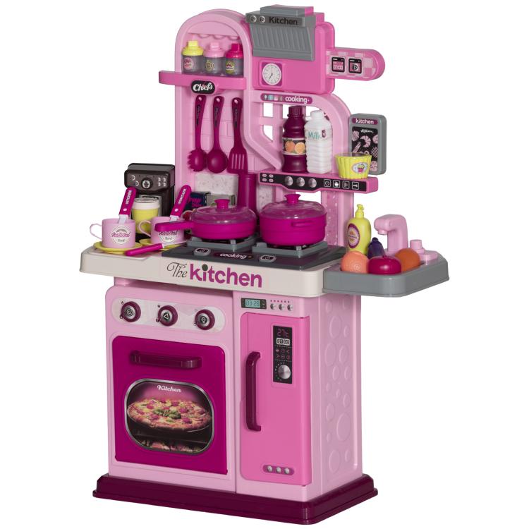 Pink kids pretend kitchen with side shelf, cooking tools, pots and pans on countertop