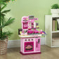 Pink and gray kids pretend kitchen with stove top, oven window and accessory compartments