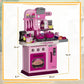 Kids play kitchen toy shown with dimensions, pink stove and oven with countertop accessories