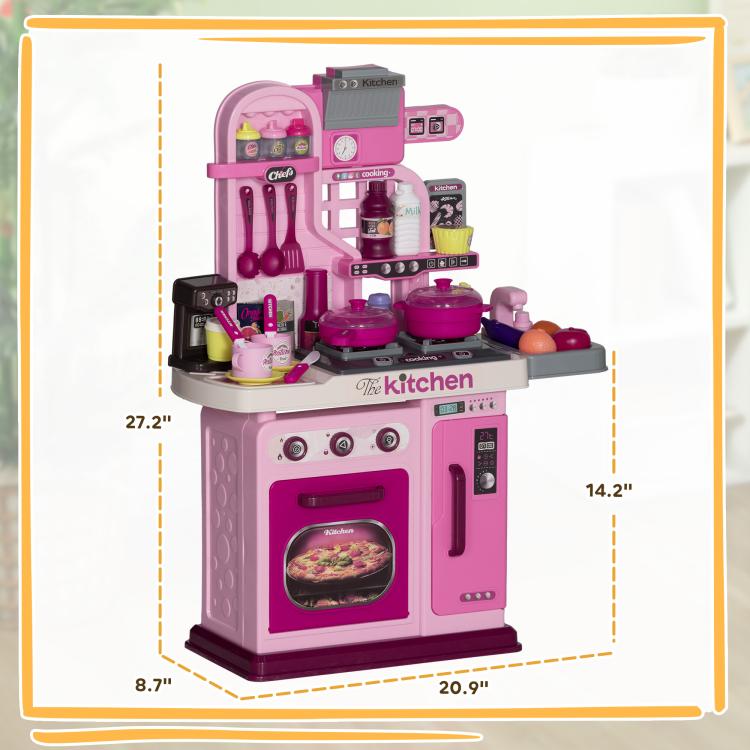 Kids play kitchen toy shown with dimensions, pink stove and oven with countertop accessories